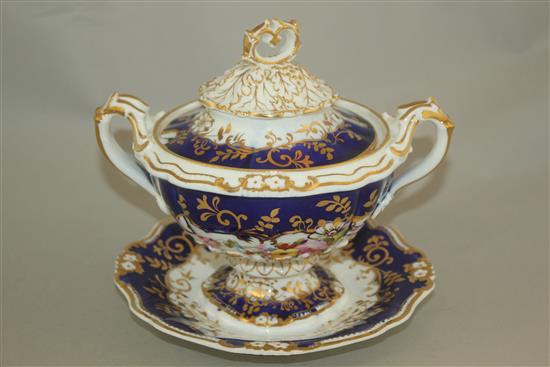 A Ridgway sauce tureen, cover and integral stand, and a Derby King Street works dessert dish, 19th century, 23.5cm